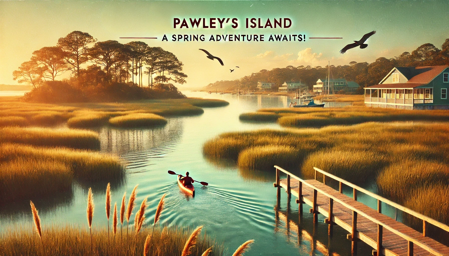Scenic view of Pawleys Island featuring a calm inlet with marsh grasses, a wooden dock, and a kayak gliding through the water at sunset. The image includes a text overlay that reads: 'PAWLEYS ISLAND - A Spring Adventure Awaits!